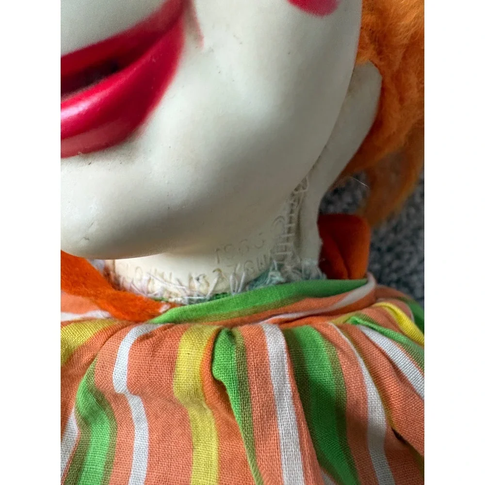 Vintage 1963 Gund J Swedlin Rubber Face Clown Doll Striped Plush Toy MCM 1960s